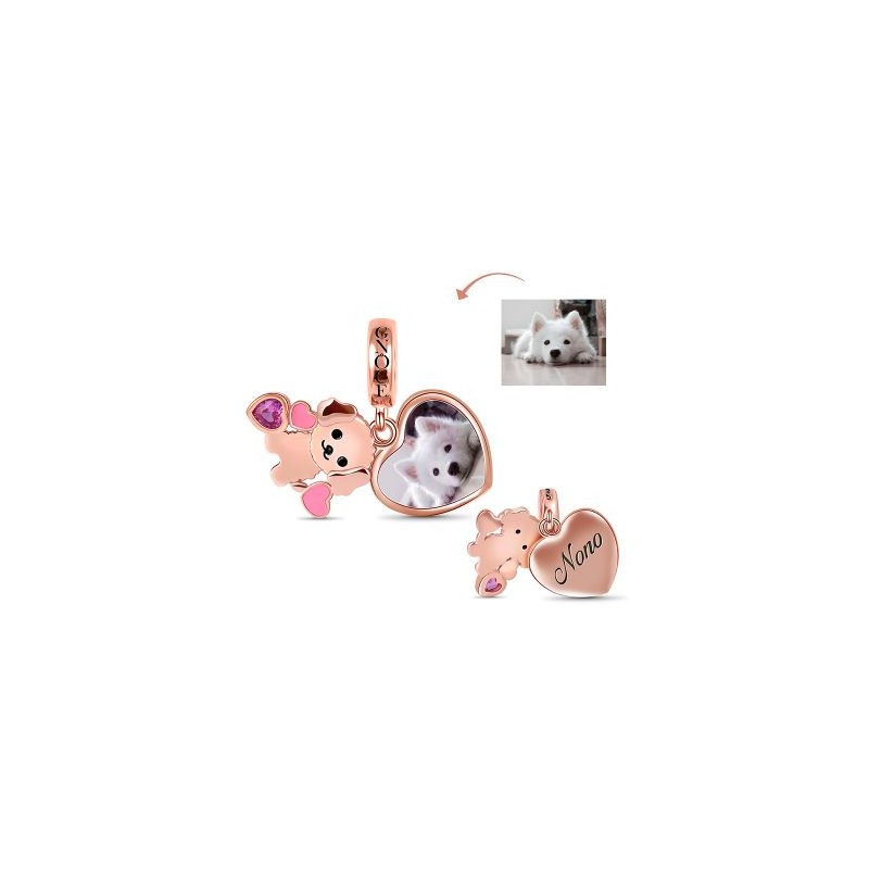 Teddy Photo Charm Charm Grabable Chapado En Oro Rosa De Plata S925