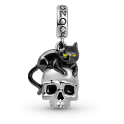 Charm Colgante Gato Negro Con El Calavera Plata S925 para Pulsera