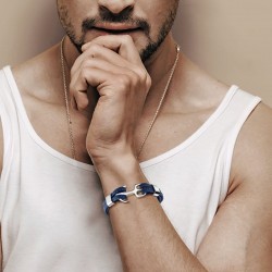 Blue Anchor Leather Men's Bracelet with Steel