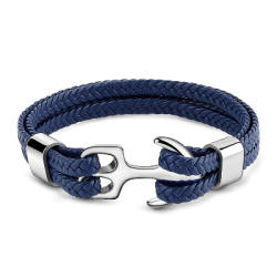 Blue Anchor Leather Men's Bracelet with Steel