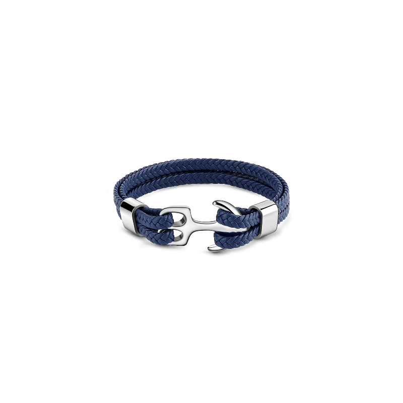Blue Anchor Leather Men's Bracelet with Steel