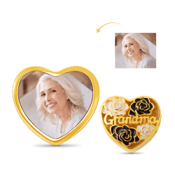 Abalorio de foto personalizado con forma de corazón de flor negra y blanca para abuela Plata de ley chapada en oro de 18 k