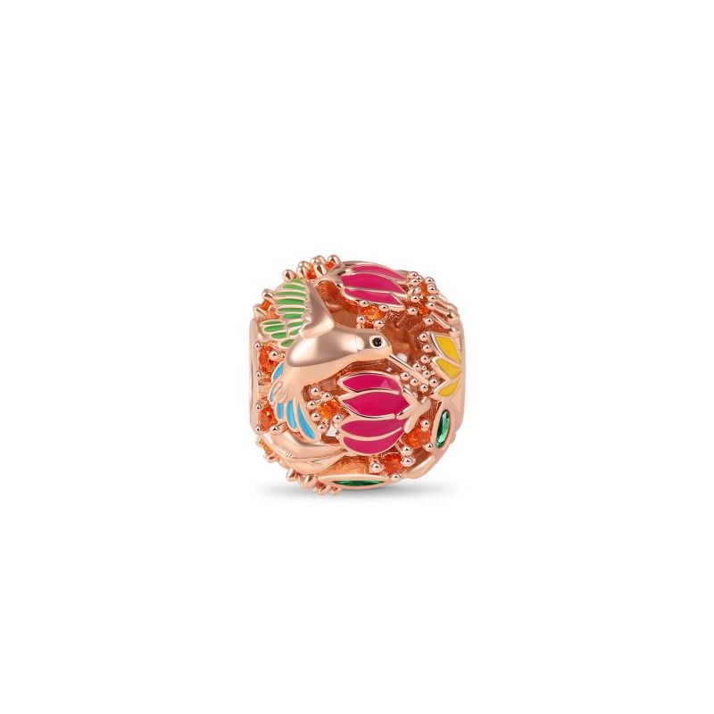 Colibrí Charm Hollow Bead 18k Chapado En Oro Rosa De Plata S925