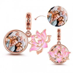 Gnoce "Prospera en el agua" Lotus Photo Charm Cuenta personalizada Plata de ley 18k Chapado en oro rosa