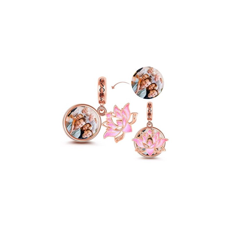 Gnoce "Prospera en el agua" Lotus Photo Charm Cuenta personalizada Plata de ley 18k Chapado en oro rosa