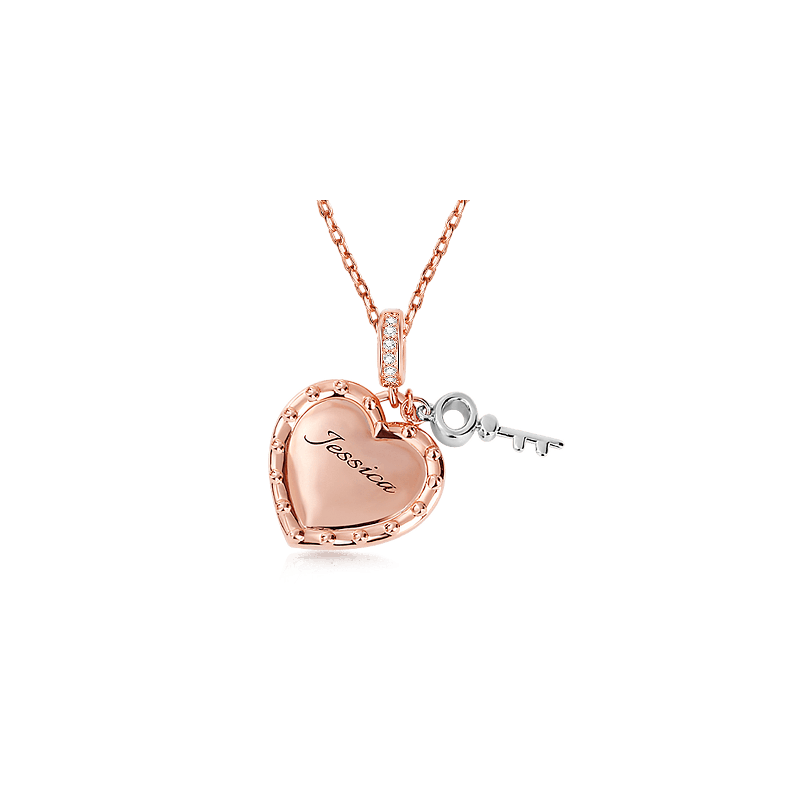 Collar de corazón y llave Cadena de perlas de plata S925 de oro rosa