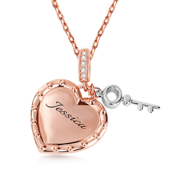 Collar de corazón y llave Cadena de perlas de plata S925 de oro rosa