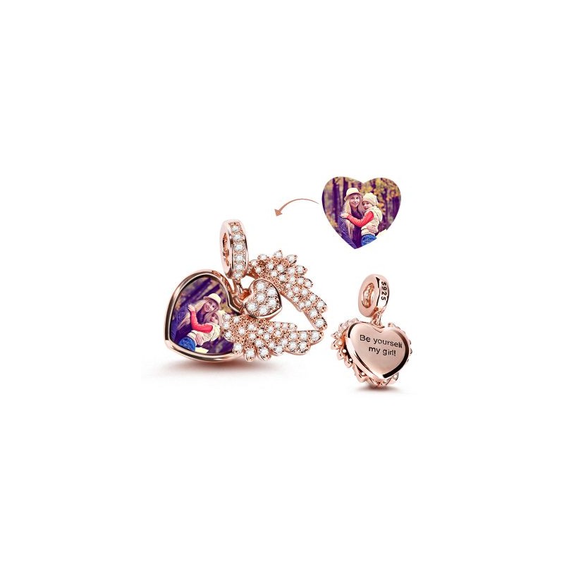 Gnoce "Corazón con Alas de ángel" Foto Charm Colgante Grabado 18k Oro Rosa