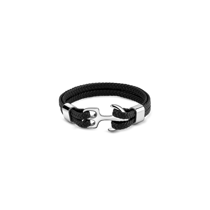 Black Anchor Leather Men's Bracelet with Steel