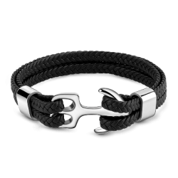 Black Anchor Leather Men's Bracelet with Steel