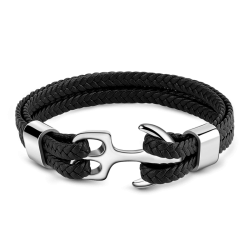 Black Anchor Leather Men's Bracelet with Steel